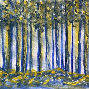 Zon in bos, aquarelverf op papier, 17x27cm, Elize Jorritsma
