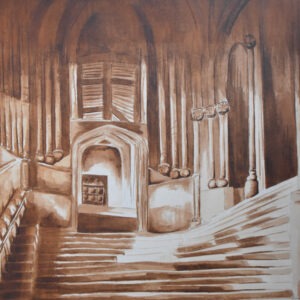 Doorkijk in oude kerk, bister op aquarelpapier, Wilma van der Heijden